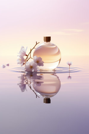 A bottle of perfume sitting on top of a body of water.の素材
