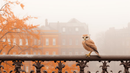 A bird is sitting on a fence in the fog.の素材