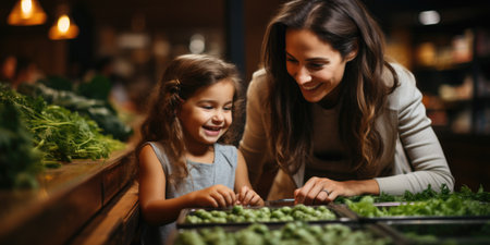 A woman and a little girl are looking at vegetables.の素材