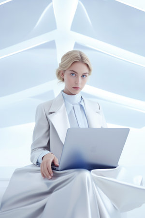 A woman sitting on a chair using a laptop.の素材