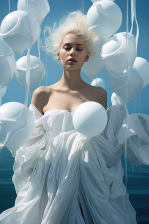 A woman in a white dress surrounded by balloons.の素材
