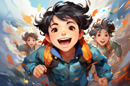 A group of kids, young people running through a field.の素材