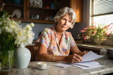 A woman sitting at a table with papers and a vase of flowers. Self employment, tax return illustration.の素材