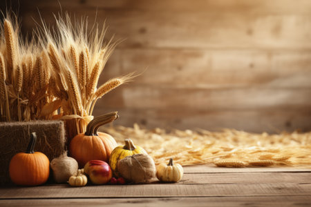 A wooden table topped with a bunch of pumpkins. Harvest time, Thanksgiving decorの素材