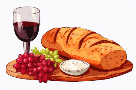 A loaf of bread, grapes and a glass of wine.の素材