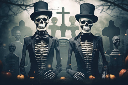 A couple of skeletons standing next to each other.の素材