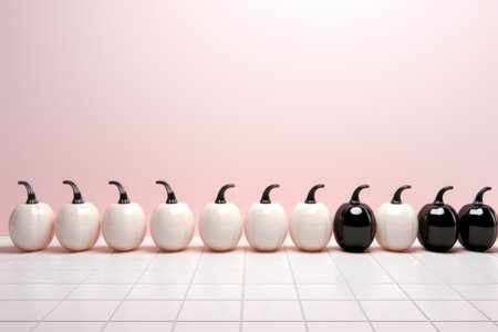 A row of black and white pumpkins in a row.の素材