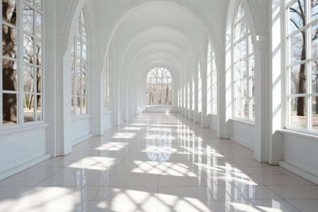 A long hallway with arched windows and white tile flooring.の素材