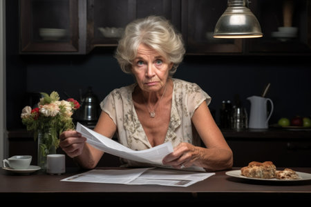 A woman sitting at a table reading a piece of paper. Self employment, tax return illustration.の素材