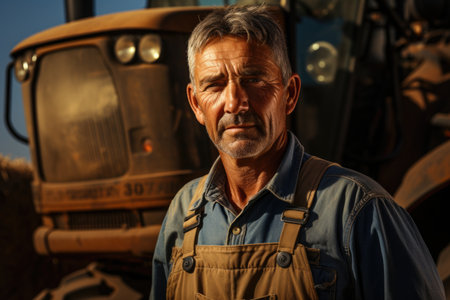 A man standing in front of a tractor. Portrait of a farmer. Digital image.の素材