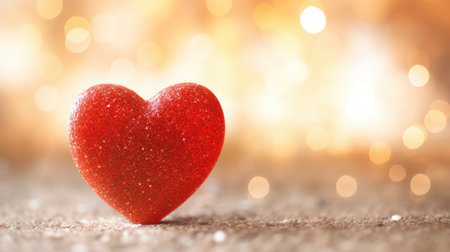 A red heart sitting on top of a sandy ground. Copy space, place for text.の素材