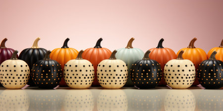 A row of painted pumpkins sitting on top of a table.の素材