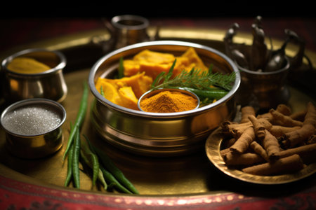 A metal bowl filled with spices and herbs.の素材