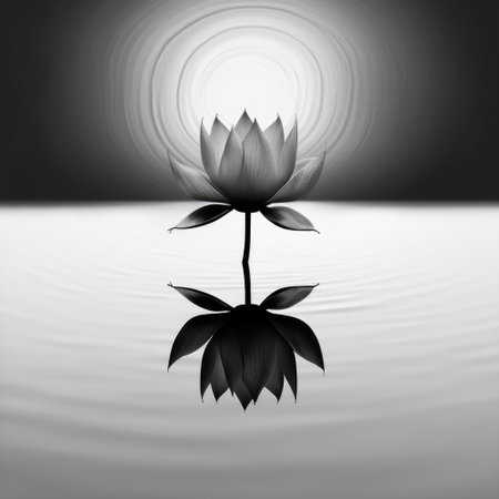 A black and white photo of a lotus flower.の素材