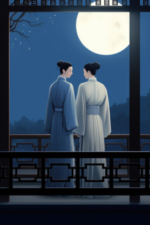 A couple of women standing next to each other in front of a full moon.の素材
