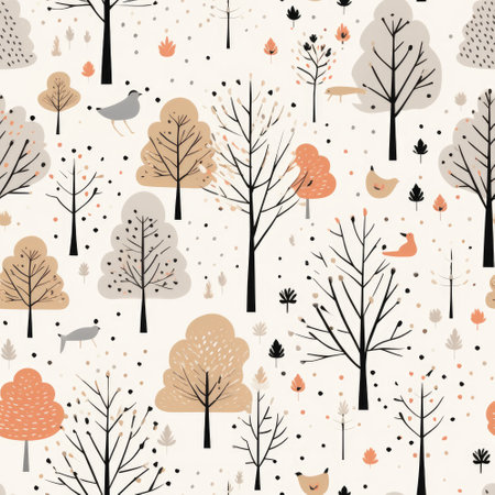 A seamless pattern of trees, birds, and foxes. Winter, Christmas seamless pattern.の素材