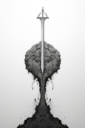 A black and white photo of a sword on a rock.の素材