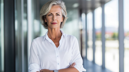 A woman in a white shirt is standing with her arms crossed. Middle-aged european traveller.の素材