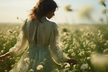 A woman standing in a field of white flowers.の素材