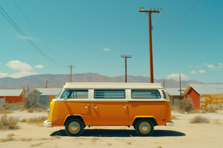 An orange and white van is parked in the desert. Digital image.の素材