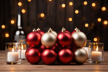A bunch of red and gold ornaments on a table.の素材
