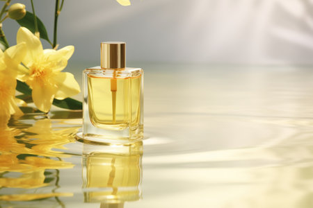A bottle of perfume sitting on top of a table.の素材