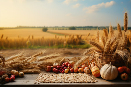 A wooden table topped with lots of different types of food. Harvest time, Thanksgiving decorの素材