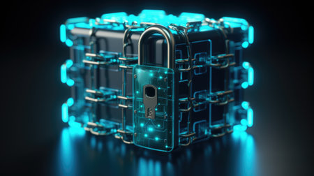 A close up of a lock on a table. Cyber security to protect cryptocurrency. Digital image.の素材