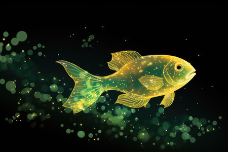 A goldfish swimming in the water with bubbles. Contaminated water, radioactive fish.の素材