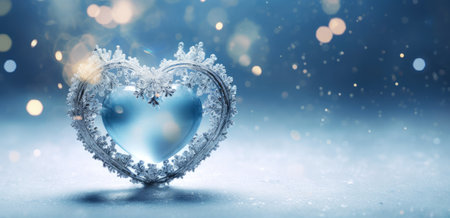 A heart shaped snowflake on a blue background.の素材