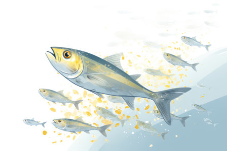 A group of fish swimming next to each other. Contaminated water, radioactive fish.の素材