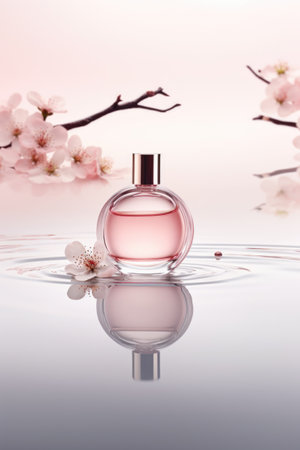 A bottle of perfume sitting on top of a body of water.の素材