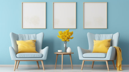 A living room with two chairs and a table. Painting mockup.の素材