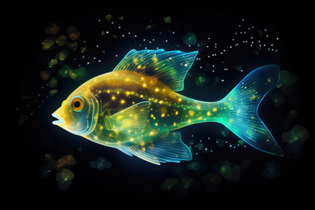A fish that is glowing in the dark. Contaminated water, radioactive fish.の素材