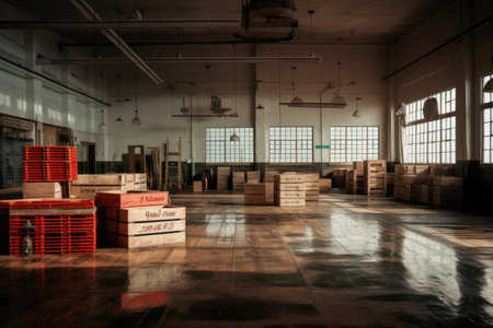 Warehouse filled with lots of wooden crates. Fish market shut, closed down.の素材