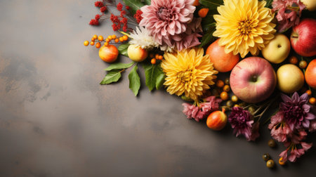 A bunch of fruit and flowers on a table. Autumn, Thanksgiving decor. Digital image.の素材