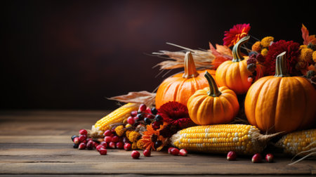 A bunch of pumpkins and corn on a table. Autumn, Thanksgiving decor. Digital image.の素材