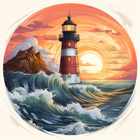 A painting of a lighthouse in the middle of the ocean.の素材