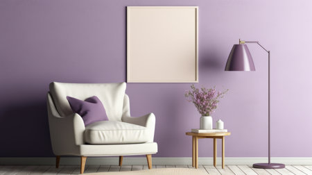 A white chair sitting next to a purple wall. Painting mockup.の素材