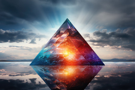 A pyramid with a reflection of the sun in the water.の素材