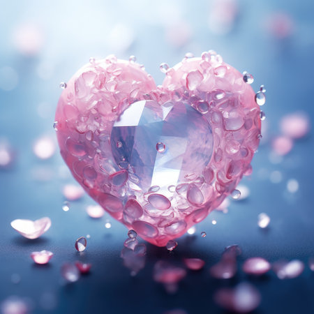 A pink heart shaped diamond surrounded by water droplets.の写真素材
