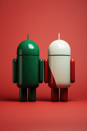 A couple of small robots standing next to each other.の素材