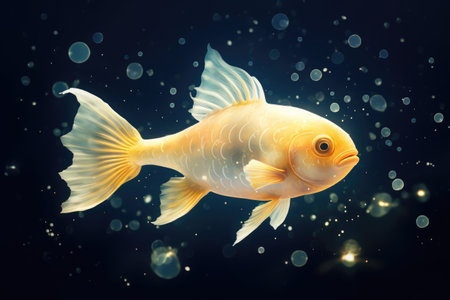 A goldfish swimming in the water with bubbles. Contaminated water, radioactive fish.の素材