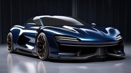 A blue sports car in a dark room.の素材