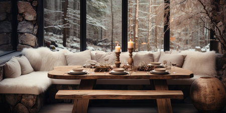 A table with a candle and a bench in front of a window.の素材