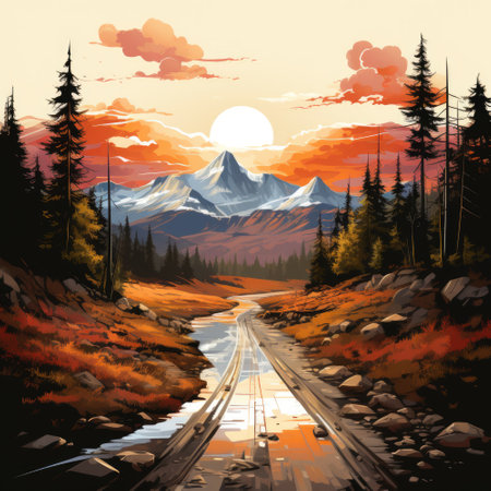 A painting of a dirt road with a mountain in the background.の素材