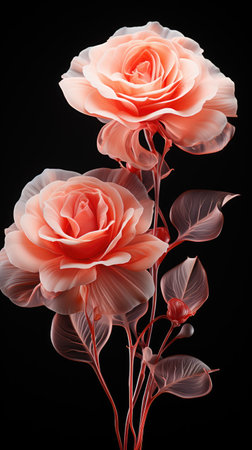 A close up of two pink roses on a stem.の素材
