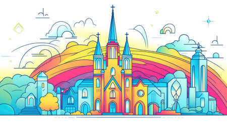 A church with a rainbow in the background.の素材