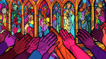 A group of people standing in front of a stained glass window.の素材