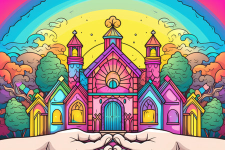 Two hands holding up a church in front of a rainbow colored sky.の素材